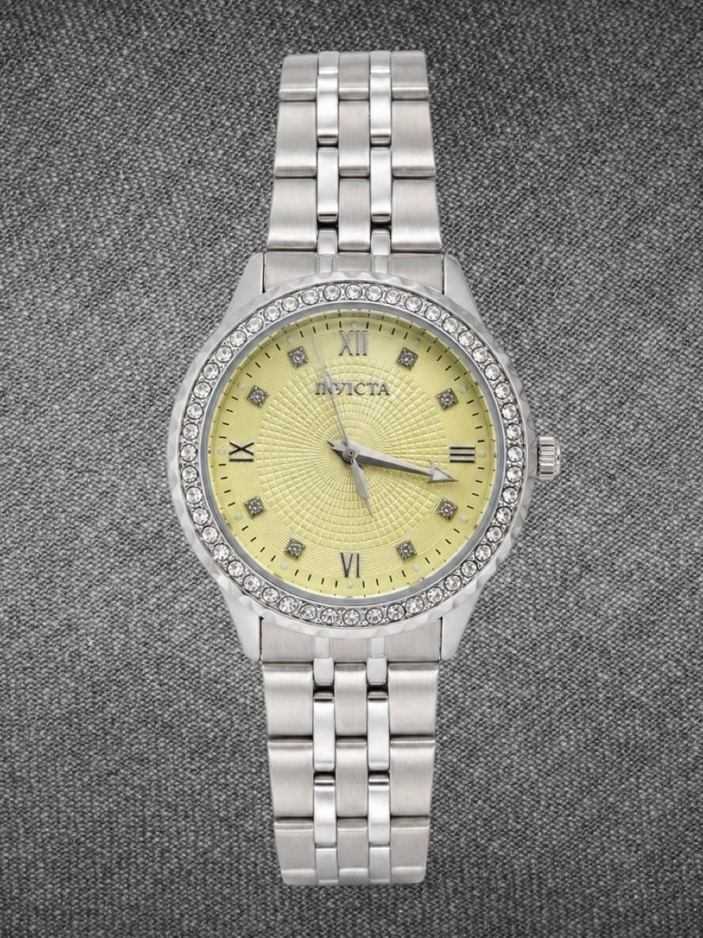 Invicta Silver-Tone Crystal Bezel Yellow Dial Bracelet Watch - Brand New